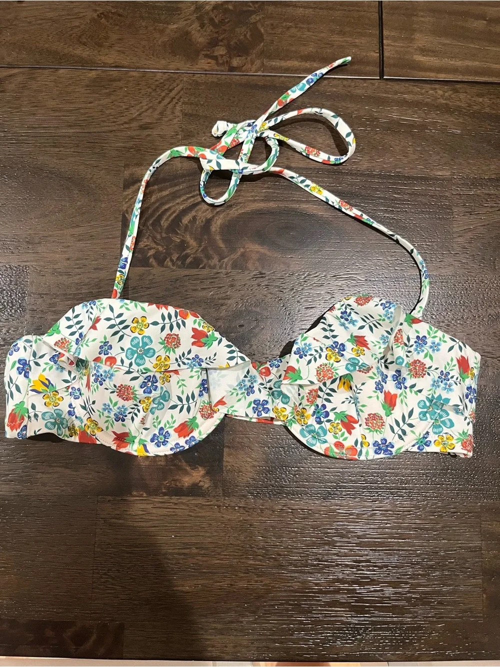 J Crew x Liberty of London White Floral Bikini Top Ruffles Underwire 34A 34 A
